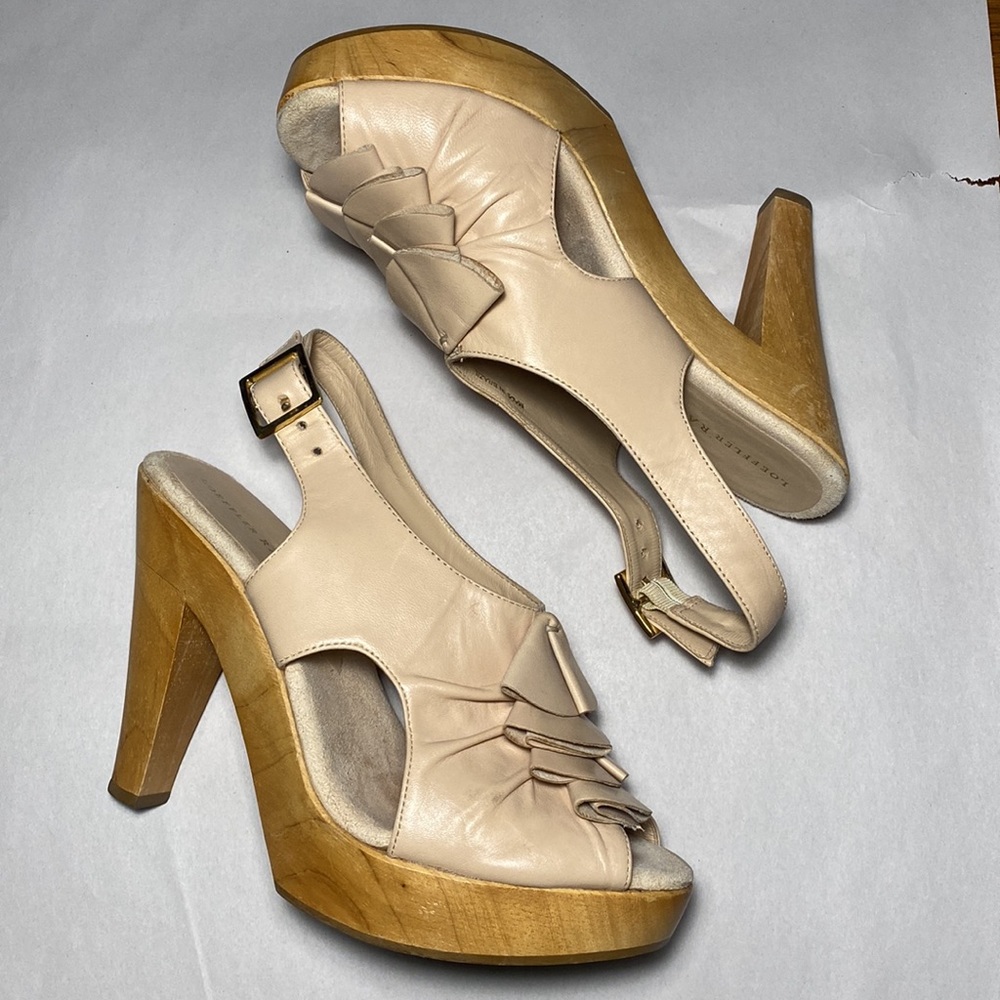 Loeffler Randall Aspen Open Toe Ruffle Slingback Wood Platform Heel Sandals 7